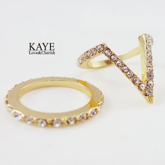 【Kaye歐美流行飾品】V字鑲嵌水鑽造型戒指二入