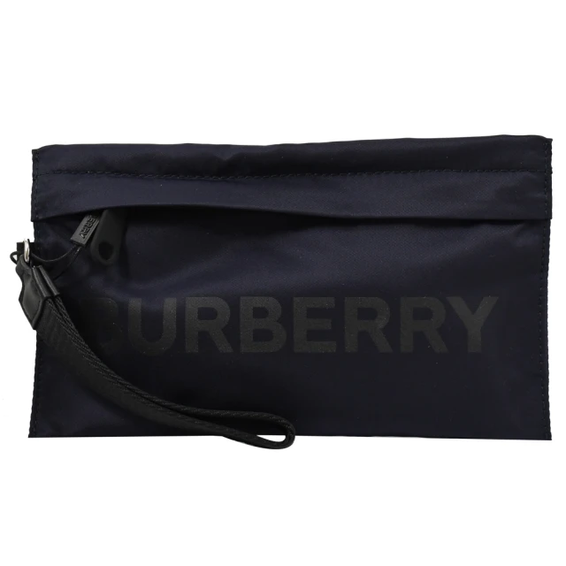 BURBERRY 巴寶莉 經典英文LOGO尼龍拉鍊手拿包萬用包(深藍)