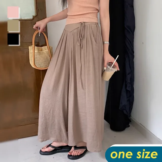【CHACO】/現貨/ 韓系涼爽垂感高腰繫帶輕飄棉麻闊腿長褲#LQ2001