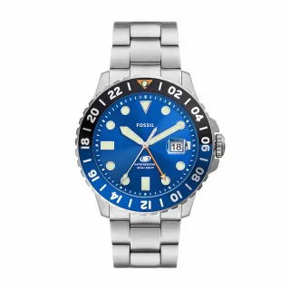【FOSSIL 官方旗艦館】Fossil Blue 深海跳色經典GMT指針手錶 銀色不鏽鋼錶帶 46MM FS5991