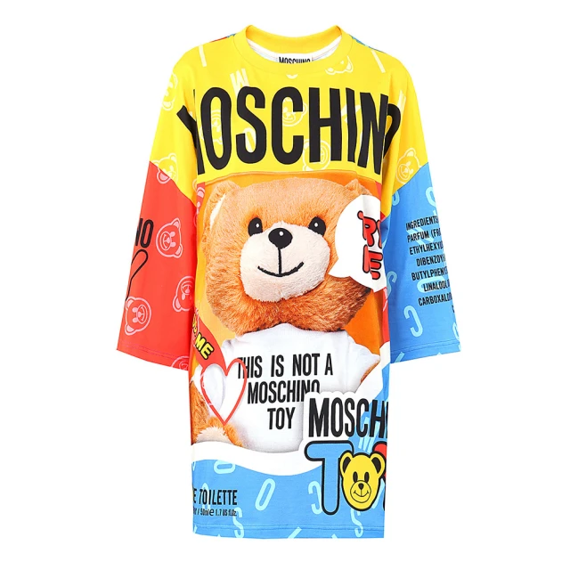 【MOSCHINO】熊熊圖案七分袖長版洋裝(黃色拼藍紅)
