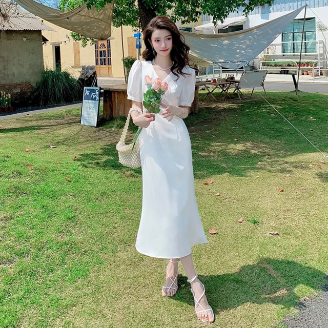 【Dorri】玩美衣櫃仙氣白洋裝法式V領禮服連身裙S-XL