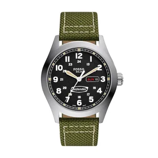 【FOSSIL 官方旗艦館】Defender 文青復古日曆太陽能指針手錶 綠色尼龍錶帶 46MM FS5977