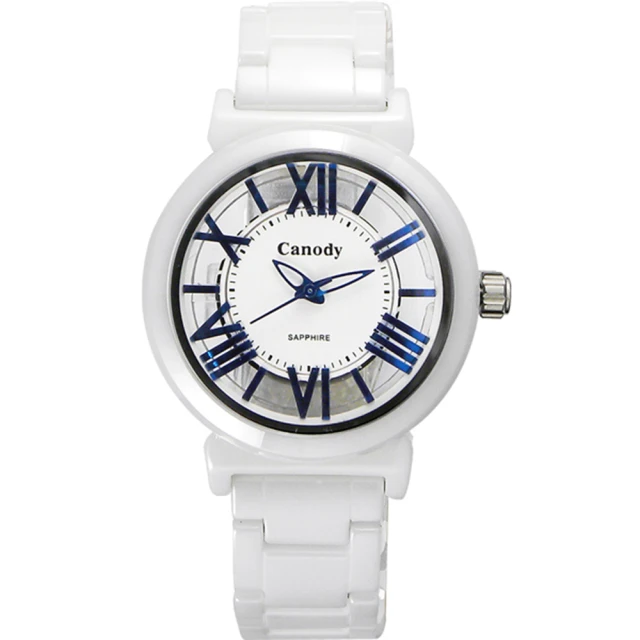 【Canody】羅馬浮雕 雙鏤空陶瓷腕錶(白x藍指針/35mm/CB1220-1B)