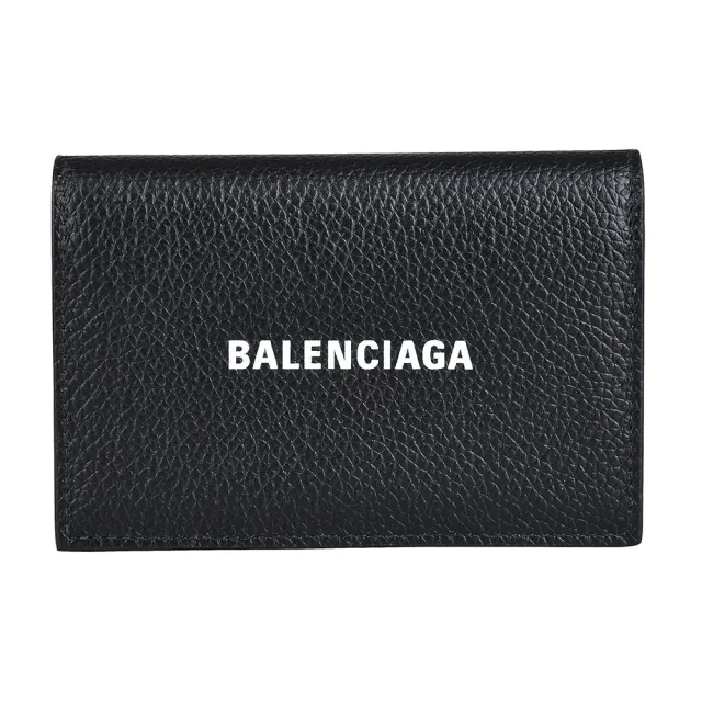 【Balenciaga 巴黎世家】BALENCIAGA印白字LOGO小牛皮2卡壓釦式翻蓋名片卡夾包(黑)