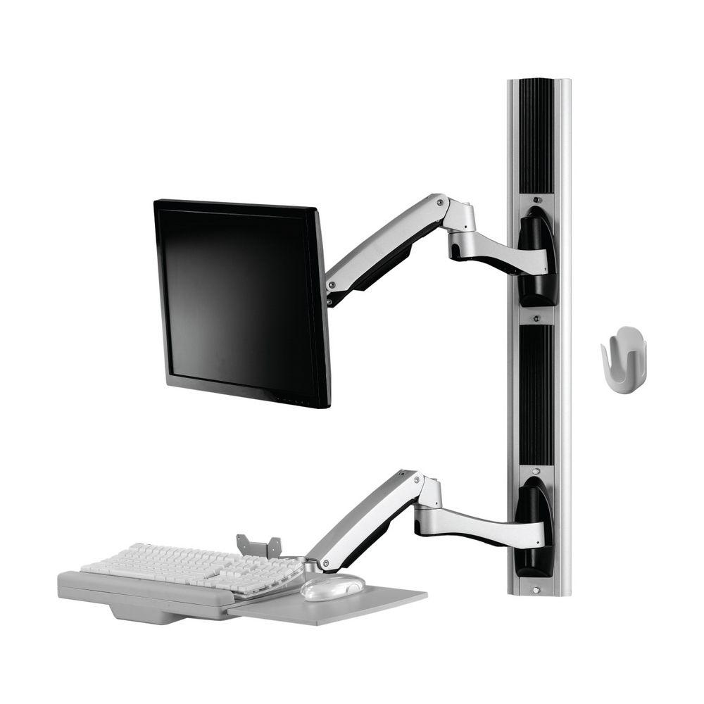 HE H8822W 壁掛式顯示器支架，適用20~32吋螢幕（VESA 100x100/75x75），最大承重10kg，結合鍵盤滑鼠托架及主機掛架，臺灣製造5年保固。銀色鋁合金材質，支臂2+2設計，支援高低升降65度、前後拉伸61.3cm、360度旋轉、左右視角180度調整，離牆距離20.1cm起，收摺展開方便。附旋控鎖及扭力裝置，DIY安裝簡單，適合辦公室或家用電腦壁掛解決方案，提升空間利用率。