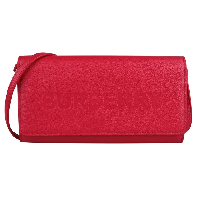 【BURBERRY 巴寶莉】經典壓紋標誌全皮長型錢包斜背包(紅)