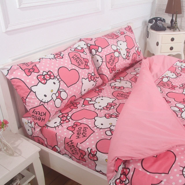 【Hello Kitty】台灣製造混紡棉 單人 三件式被套床包組(粉紅佳人)