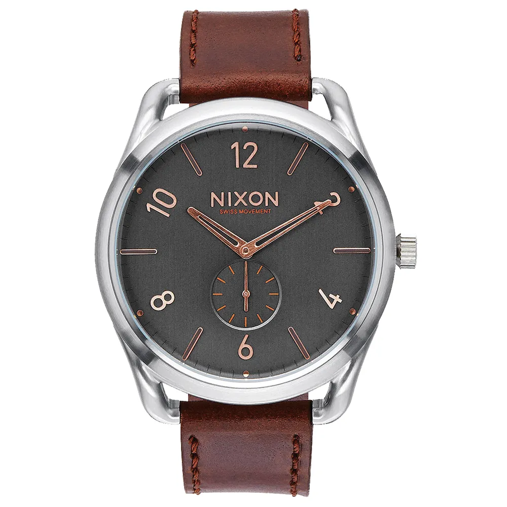 【NIXON】C45 LEATHER 跟隨自我潮流中性錶-銀框灰x咖啡x大(A4652064)