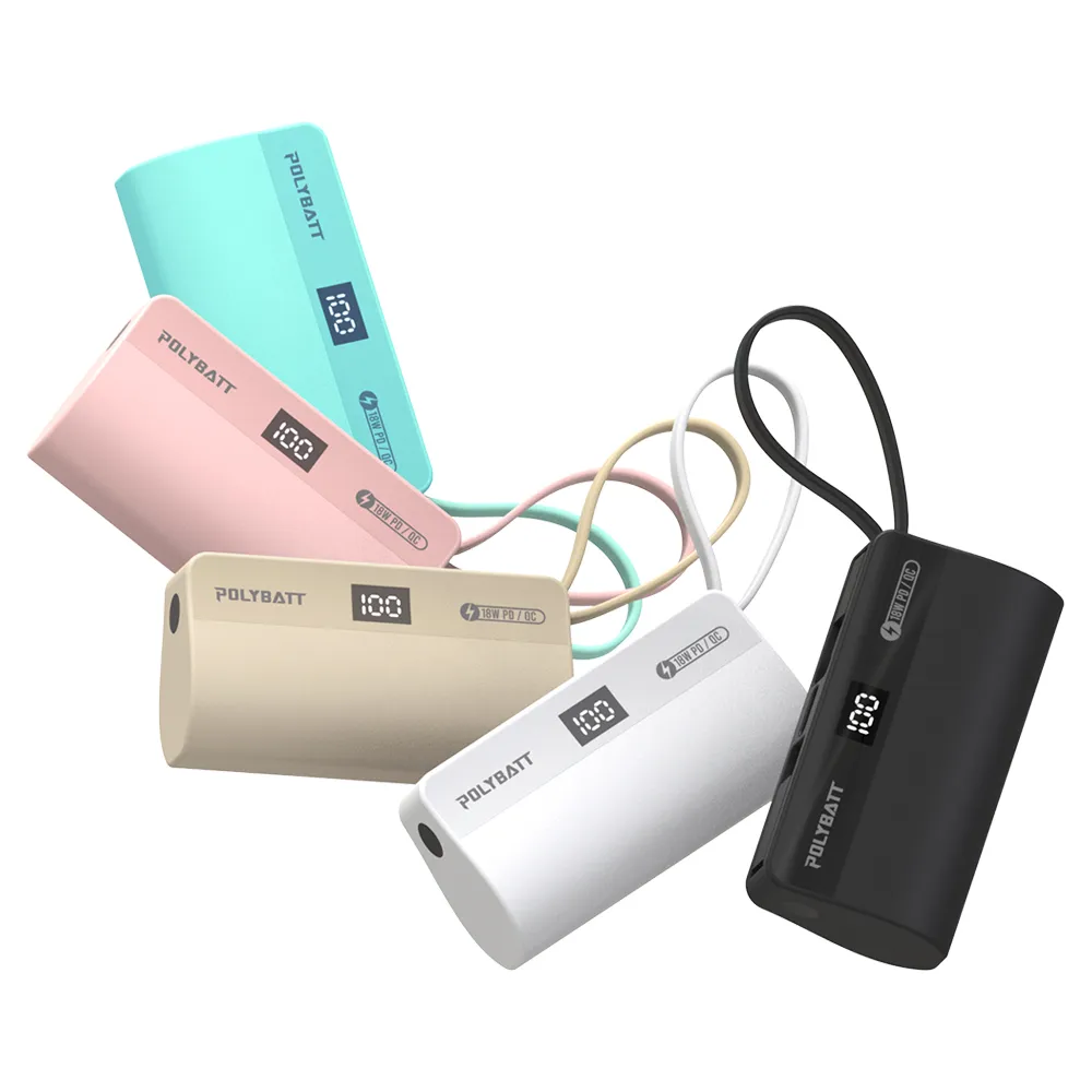 【POLYBATT】5000mAh Lightning/Type-C 二合一 PD+QC快充直插式口袋行動電源(自帶支架/繽紛多色)