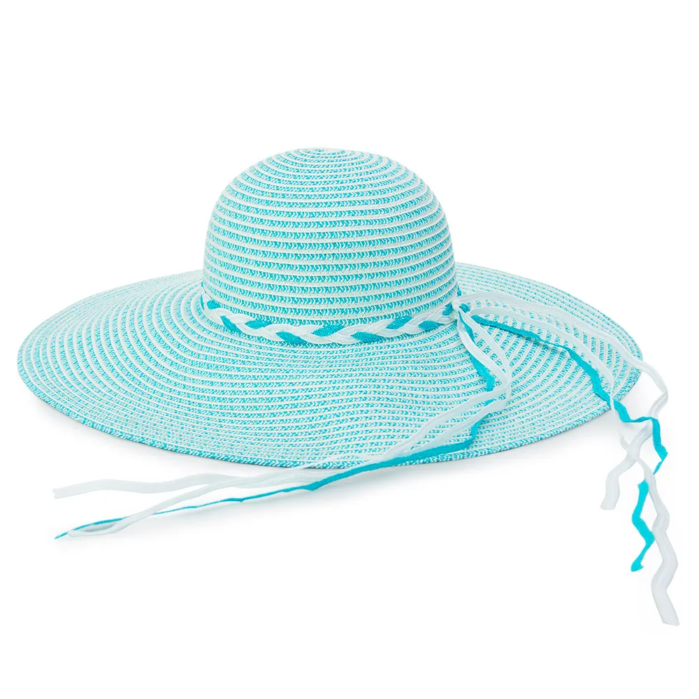 【Limehi】時尚手工編織帶造型草帽 沙灘遮陽帽 可折疊帽(水藍 Lime-19)