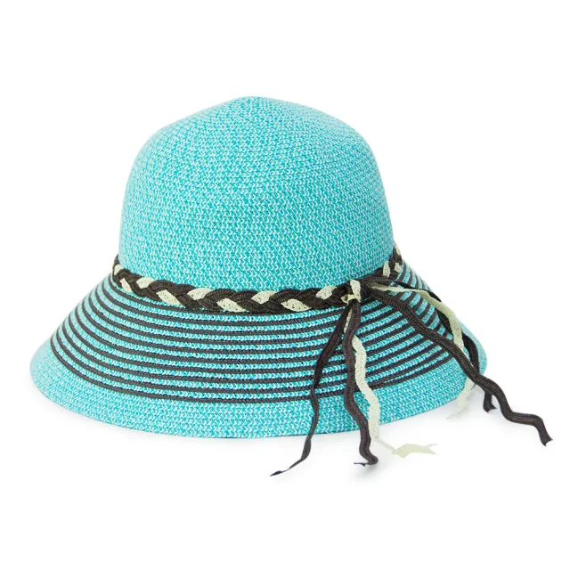 【Limehi】時尚造型編織帶草帽 沙灘遮陽帽 可折疊帽 翻邊圓帽(淺藍棕 Lime-9)