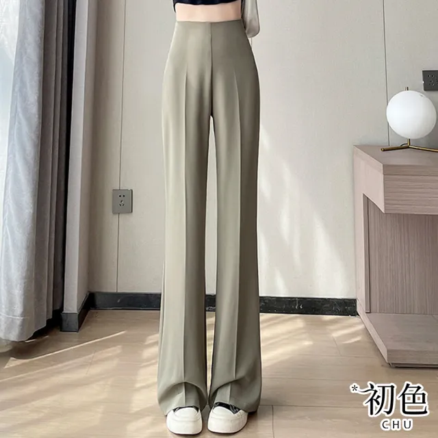 【初色】夏季冰絲薄款高腰側拉鍊純色百搭窄版闊腿褲長褲顯瘦褲-共4色-69072(M-2XL可選)