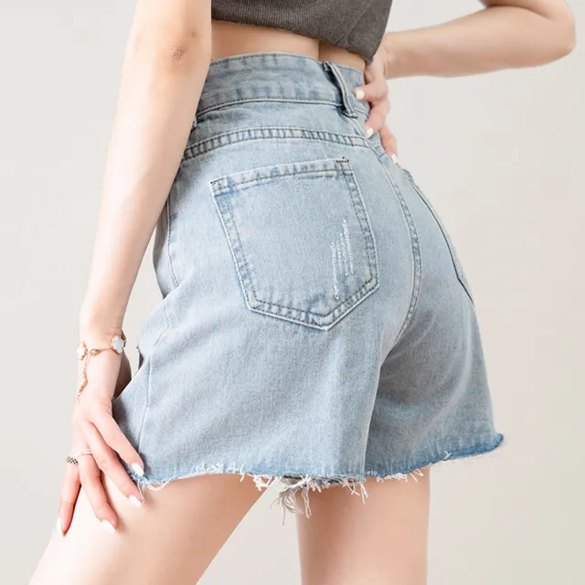 【MsMore】破洞牛仔短褲高腰百搭闊腿褲辣妹熱褲#117881(藍)