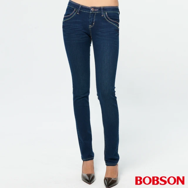 【BOBSON】彩線伸縮小直筒褲(藍8058-53)