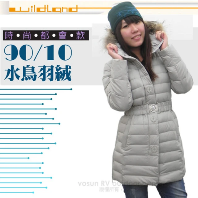 荒野 wildland 女款 中長版 貉子毛保暖羽絨外套/大衣.保暖外套(92105 白卡其)