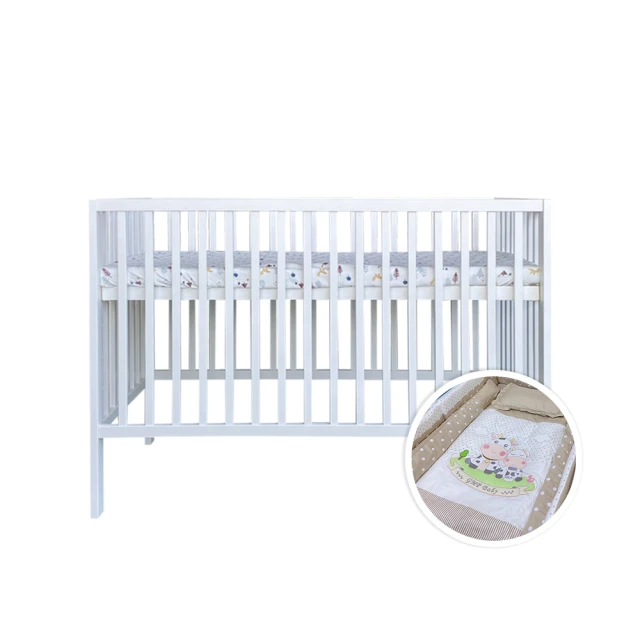 【La Joie 喬依思】LIZ 嬰兒床x牛寶貝嬰兒寢具七件組(附嬰兒專用彈力棉床墊4cm+剎車腳輪)