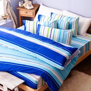 【戀家小舖】100%純棉枕套兩用被床包四件組-加大(繽紛特調-藍)