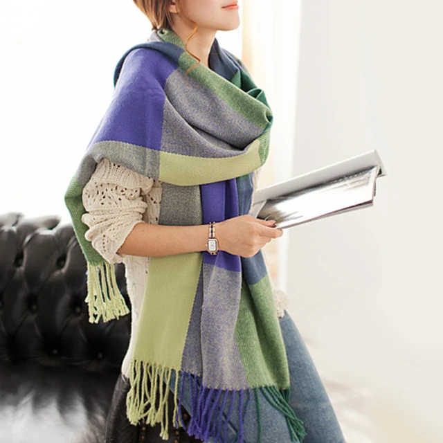 【幸福揚邑】羊絨質感格紋保暖圍巾/披肩(藍綠格)