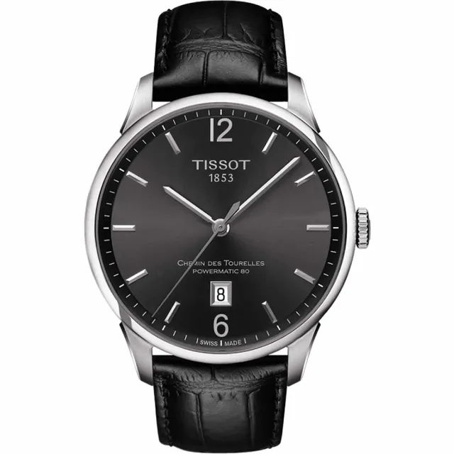 【TISSOT】杜魯爾系列機械動力80手錶-槍灰x黑/42mm 送行動電源 畢業禮物(T0994071644700)