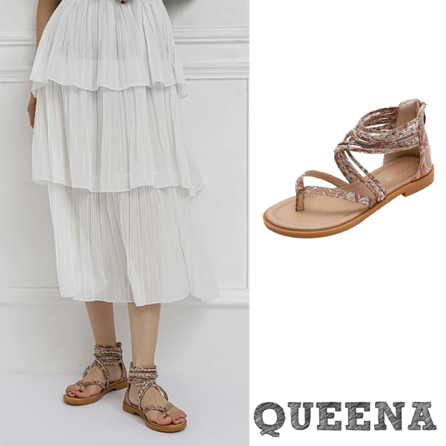 【QUEENA】低跟涼鞋 夾腳涼鞋/波西米亞民族風復古幾何圖騰印花線繩低跟夾腳涼鞋(棕)