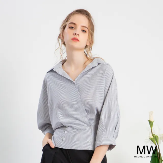 【MAGIQUE WARDROBE】半開襟翻領條紋收腰造型襯衫(2色)
