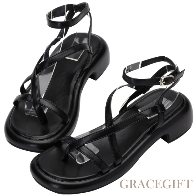 【Grace Gift】不規則帶圓頭中跟涼鞋