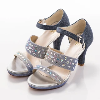 【DN】時尚首選 異材質拼接金蔥高跟涼鞋(藍)