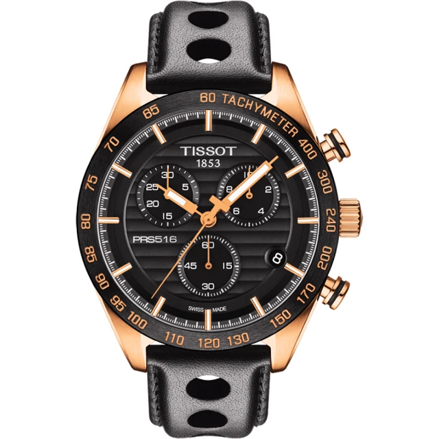 【TISSOT】PRS516 三眼計時手錶-黑x玫塊金框/42mm 送行動電源 畢業禮物(T1004173605100)