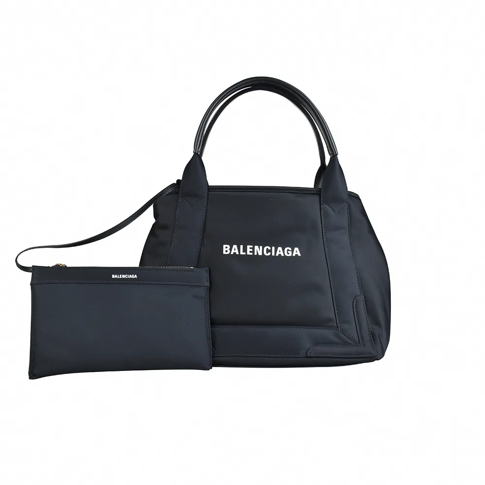 【Balenciaga 巴黎世家】CABAS經典LOGO標誌皮革相飾尼龍手提子母包(S/黑x白)