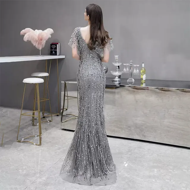 【女神婚紗禮服】高端時尚性感魚尾宴會晚禮服 PLGZ-118 1979銀灰色(頒獎禮服  晚宴服)