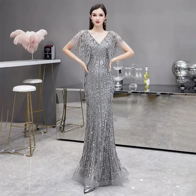 【女神婚紗禮服】高端時尚性感魚尾宴會晚禮服 PLGZ-118 1979銀灰色(頒獎禮服  晚宴服)