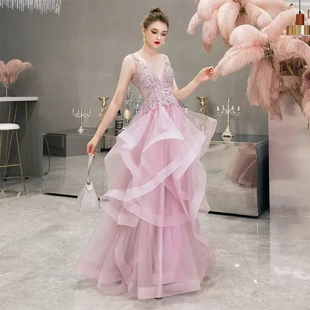 【女神婚紗禮服】高端粉色時尚氣質百褶裙宴會晚禮服 PLGZ-40 香檳色1903(婚紗攝影 旅拍)