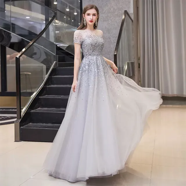 【女神婚紗禮服】高端薄紗圓領仙氣華麗宴會晚禮服 PLGZ-074 1984灰色(表演禮服 敬酒服)