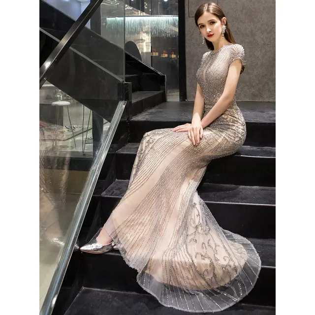 【女神婚紗禮服】高端時尚收腰魚尾宴會晚禮服 PLGZ-03 1905銀灰色(主持人 晚宴服)
