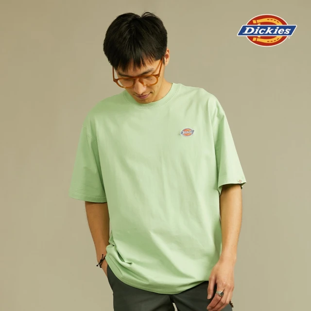 Dickies 男款黑色純棉左胸拉鍊口袋潑漆印花寬鬆大學T｜