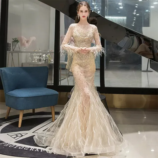 【女神婚紗禮服】高端夢幻羽毛金色魚尾宴會晚禮服 PLGZ-45 1946金色(新娘服 婚紗攝影)