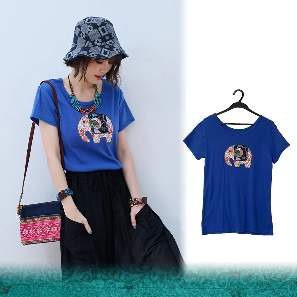 【JILLI-KO】潘克拉-泰國拼繡花布立體撞色大象純棉T恤-F(藍)