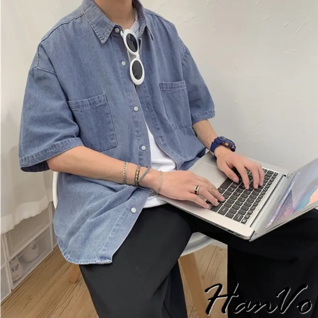 【HanVo】現貨 男款休閒寬鬆牛仔短袖襯衫(舒適透氣潮流復古工裝上衣 韓版夏季T恤 男生衣著 B01-1016)