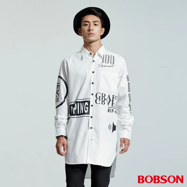 BOBSON 男款長型寬版印圖襯衫(白35048-80)