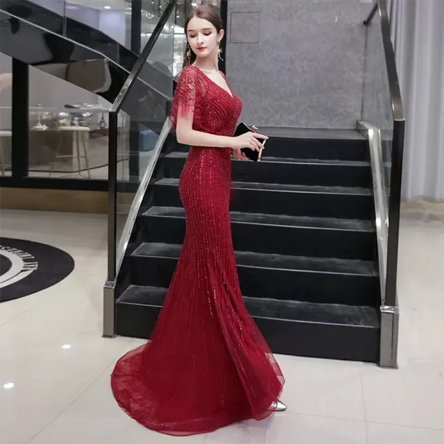 【女神婚紗禮服】高端精美縫珠夢幻優雅魚尾宴會晚禮服 PLGZ-132(訂婚禮服 晚宴服)