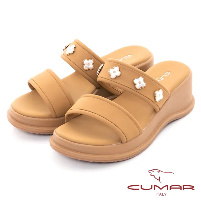 【CUMAR】一字花朵裝飾楔型厚底涼拖鞋(棕色)