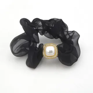 【AnnaSofia】彈性髮束髮飾髮圈髮繩-光感歐根紗方珠 現貨(黑系)