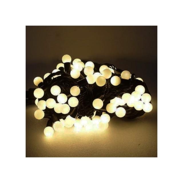 【摩達客-聖誕裝飾品特賣】聖誕燈100燈LED圓球珍珠燈串(插電式/暖白光黑線/附控制器跳機)