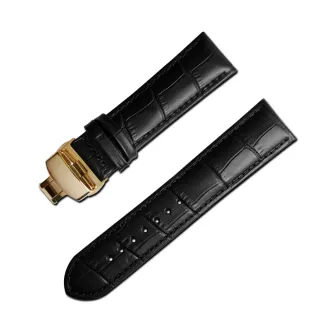 【Watchband】經典復刻時尚指標(壓紋真皮雙邊壓扣錶帶 黑x金扣)
