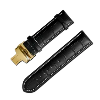 【Watchband】經典復刻時尚指標(壓紋真皮雙邊壓扣錶帶 黑x白x金扣)