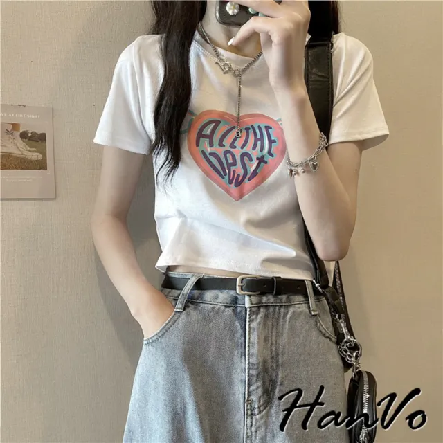 【HanVo】現貨 天使翅膀愛心修身短版T恤(親膚透氣百搭顯瘦圓領短袖上衣 韓系女裝 女生衣著 A01-0037)