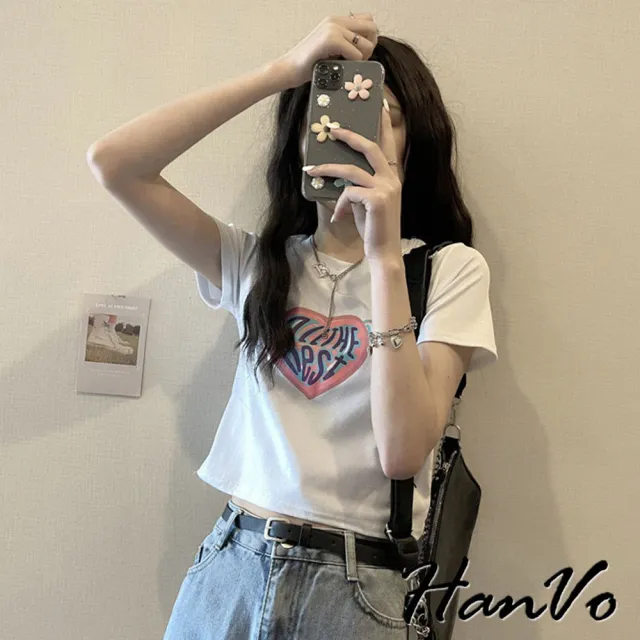 【HanVo】現貨 天使翅膀愛心修身短版T恤(親膚透氣百搭顯瘦圓領短袖上衣 韓系女裝 女生衣著 A01-0037)