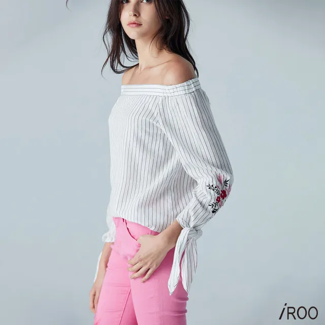 【iROO】一字領繡花女人時尚長袖上衣