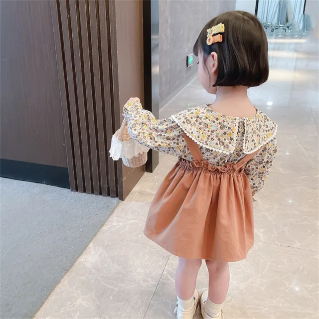 【安朵童舖】現貨韓版女童長袖時尚兩件式套裝兒童童裝碎花吊帶裙兒童女童吊帶長袖上衣(013)
